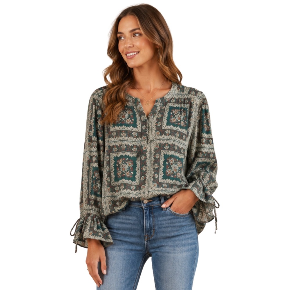 Anthropologie Porridge Top Womens XS Green Floral Long Sleeve Ruffle Boho Boxy